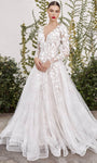 A-line V-neck Plunging Neck Long Sleeves Natural Waistline Lace Open-Back Applique Back Zipper Wedding Dress with a Court Train