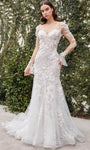 V-neck Floral Print Floor Length Natural Waistline Sheer Long Sleeves Applique Back Zipper Open-Back Mermaid Wedding Dress
