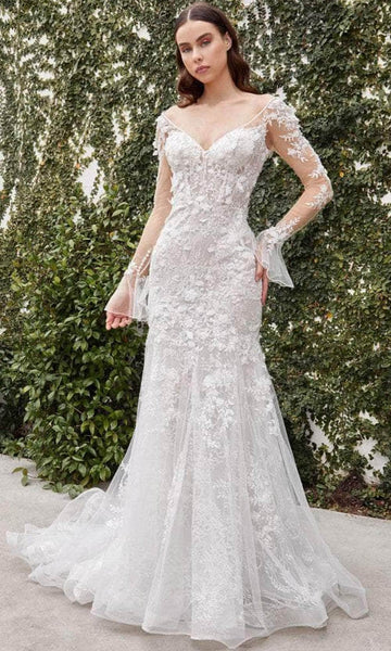 V-neck Back Zipper Applique Open-Back Floor Length Natural Waistline Floral Print Sheer Long Sleeves Mermaid Wedding Dress