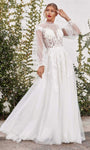 Sophisticated A-line Beaded Button Closure Shirred Illusion Applique Embroidered Sheer Corset Natural Waistline Bishop Sleeves High-Neck Wedding Dress with a Court Train