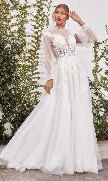 Sophisticated A-line Corset Natural Waistline Bishop Sleeves High-Neck Beaded Button Closure Embroidered Illusion Applique Shirred Sheer Wedding Dress with a Court Train