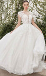 A-line Floor Length Open-Back Applique Cap Sleeves Corset Natural Waistline Bateau Neck Floral Print Wedding Dress with a Brush/Sweep Train