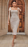 Straight Neck Polyester Beaded Slit Draped Illusion Sheath Corset Natural Waistline Tea Length Sheath Dress With a Bow(s)