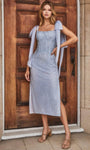 Draped Slit Beaded Illusion Tea Length Corset Natural Waistline Sheath Polyester Straight Neck Sheath Dress With a Bow(s)