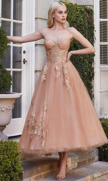 A-line Strapless Sweetheart Tulle Fall Floral Print Natural Waistline Embroidered Ruched Shirred Tea Length Dress