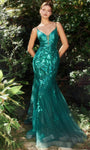 V-neck Sequined Illusion Applique Open-Back Plunging Neck Spaghetti Strap Natural Waistline Mermaid Prom Dress with a Brush/Sweep Train