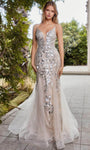 V-neck Illusion Applique Sequined Open-Back Mermaid Natural Waistline Plunging Neck Spaghetti Strap Prom Dress with a Brush/Sweep Train