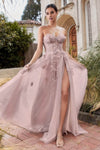 A-line Strapless Sweetheart Floral Print Applique Sheer Wrap Glittering Slit Corset Natural Waistline Prom Dress with a Brush/Sweep Train