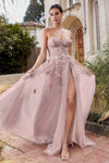 A-line Strapless Glittering Wrap Slit Applique Sheer Corset Natural Waistline Sweetheart Floral Print Prom Dress with a Brush/Sweep Train