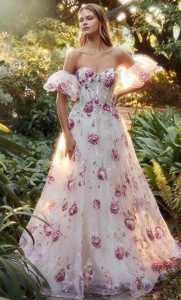 Strapless Floral Print Corset Natural Waistline Sweetheart Beaded Back Zipper Floor Length Dress with a Brush/Sweep Train