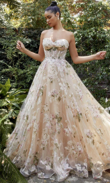 Strapless Floor Length Corset Natural Waistline Back Zipper Sweetheart Floral Print Dress with a Brush/Sweep Train