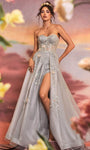 A-line Strapless Sheer Applique Glittering Slit Sweetheart Tulle Corset Natural Waistline Floral Print Floor Length Dress
