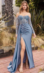 Sweetheart Natural Waistline Beaded V Back Sheer Draped Slit Illusion Sheath Long Sleeves Satin Sheath Dress/Prom Dress with a Brush/Sweep Train