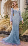 Modest Glittering Back Zipper Sheer Beaded Sheath Bishop Long Puff Sleeves Sleeves Natural Waistline Floor Length Queen Anne Neck Sheath Dress/Evening Dress with a Brush/Sweep Train