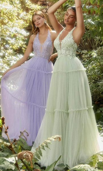 A-line Halter Plunging Neck Natural Waistline Floor Length Lace-Up Tiered Open-Back Sheer Embroidered Fitted Fall Sleeveless Evening Dress/Prom Dress with a Brush/Sweep Train