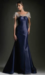 Mermaid Satin Back Zipper Sheer Cutout Slit Beaded Natural Waistline Scoop Neck Cap Sleeves Evening Dress with a Brush/Sweep Train