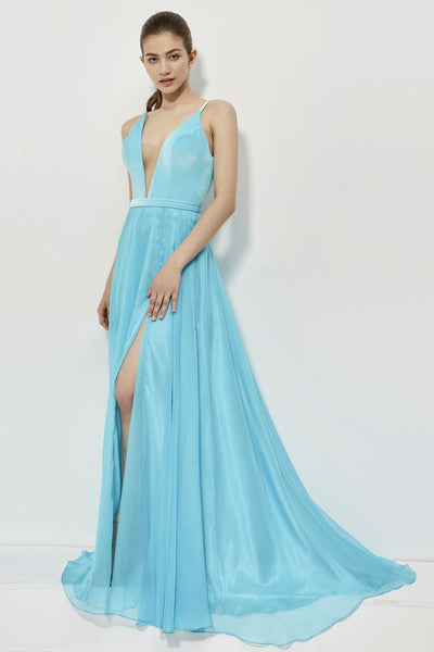 A-line V-neck Natural Waistline Floor Length Sleeveless Spaghetti Strap Illusion Open-Back Back Zipper Slit Plunging Neck Dress with a Court Train