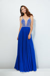 A-line V-neck Natural Waistline Jeweled Back Zipper Open-Back Sheer Pleated Sleeveless Plunging Neck Evening Dress