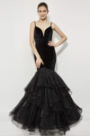 Sophisticated V-neck Plunging Neck Tiered Fitted Sheer Sleeveless Spaghetti Strap Mermaid Dress by Angela And Alison