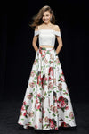 Natural Waistline Off the Shoulder Floor Length Back Zipper Pocketed Floral Print Dress with a Brush/Sweep Train
