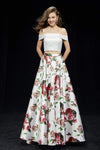 Floral Print Floor Length Off the Shoulder Back Zipper Pocketed Natural Waistline Dress with a Brush/Sweep Train