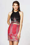 Sheath Sleeveless Floral Print Halter Natural Waistline Embroidered Fitted Beaded Cocktail Above the Knee Sheath Dress