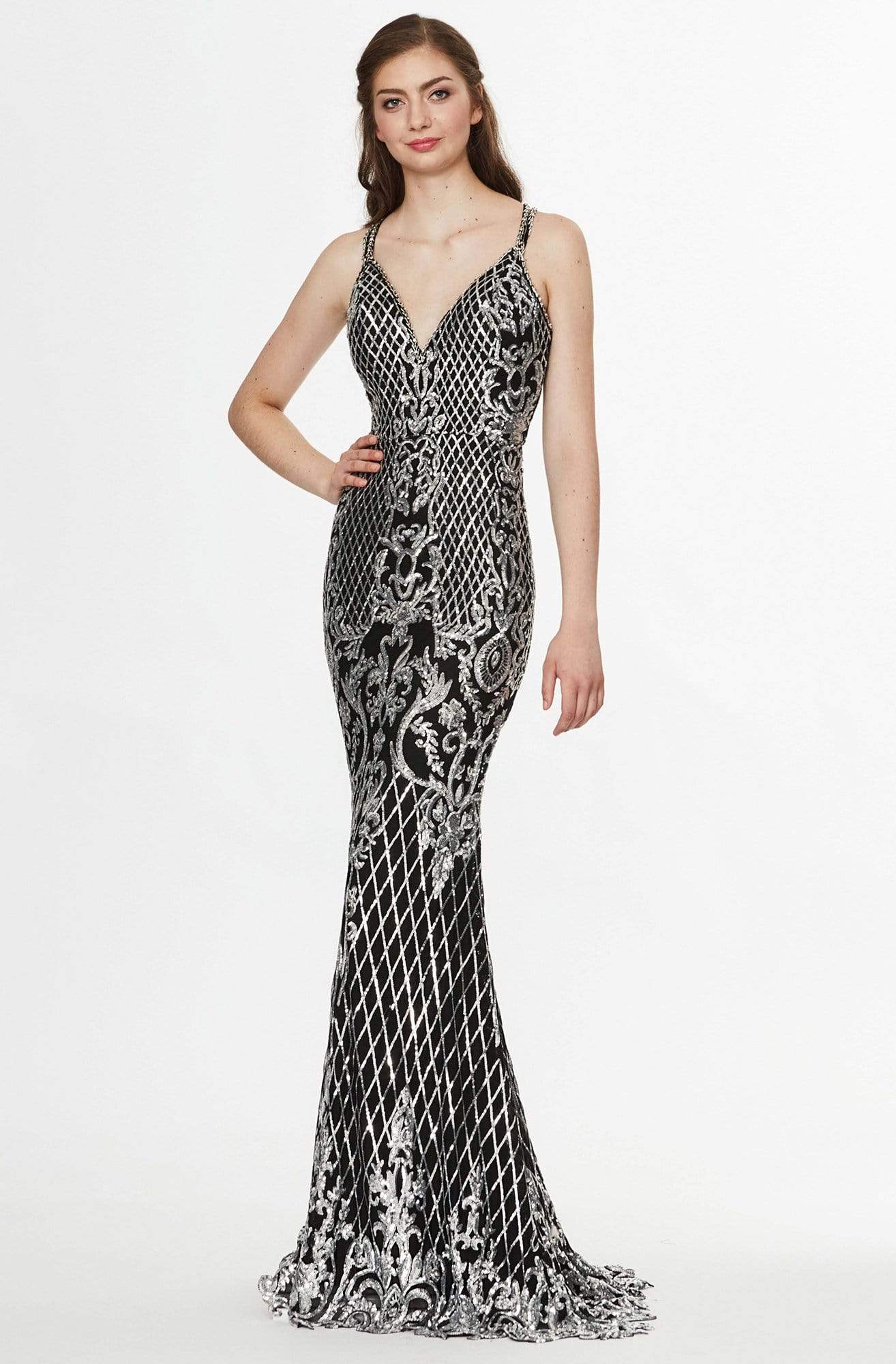 Angela & Alison - 91038 Sequined V-Neck Sheath Evening Gown
