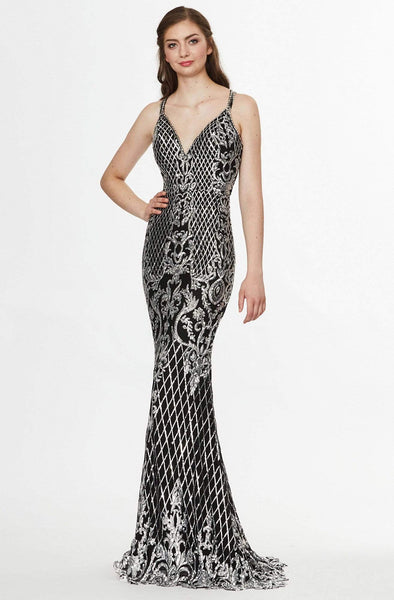 Sophisticated V-neck Natural Waistline Floor Length General Print Sheath Open-Back Back Zipper Sequined Fitted Flared-Skirt Spaghetti Strap Sheath Dress/Evening Dress with a Brush/Sweep Train