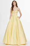 A-line Strapless Sheer Pocketed Satin Plunging Neck Sweetheart Floor Length Basque Corset Waistline Dress With a Bow(s)