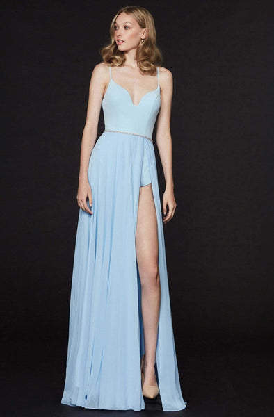 A-line Sleeveless Spaghetti Strap Natural Waistline Chiffon Plunging Neck Sweetheart Fitted Slit Wrap Belted Back Zipper Floor Length Short Dress