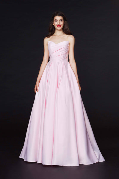 Strapless Pleated Asymmetric Back Zipper Pocketed Satin Natural Waistline Floor Length Sweetheart Dress with a Brush/Sweep Train