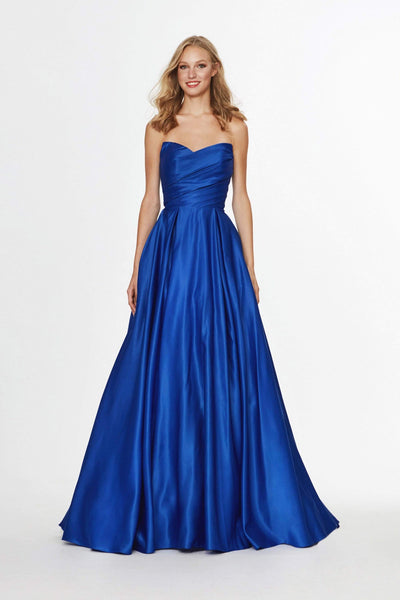Strapless Sweetheart Satin Natural Waistline Back Zipper Pocketed Asymmetric Pleated Floor Length Dress with a Brush/Sweep Train