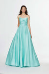 Strapless Sweetheart Satin Natural Waistline Back Zipper Pocketed Asymmetric Pleated Floor Length Dress with a Brush/Sweep Train