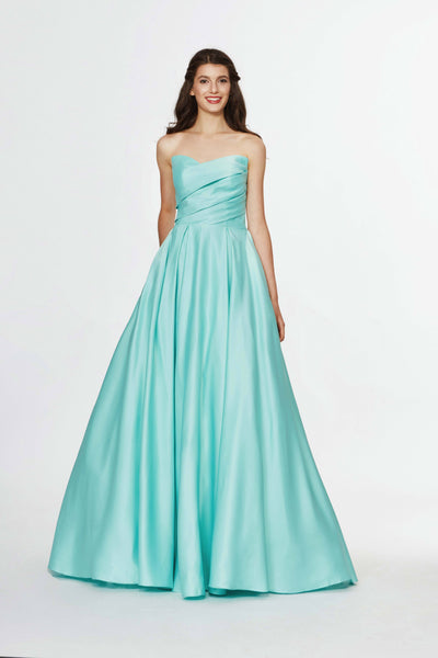 Strapless Pocketed Back Zipper Asymmetric Pleated Satin Sweetheart Natural Waistline Floor Length Dress with a Brush/Sweep Train