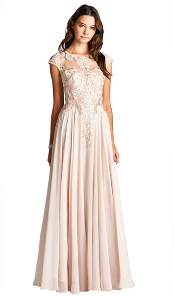 A-line Cap Sleeves Floor Length Applique Sheer Natural Waistline Jeweled Neck Sweetheart Evening Dress