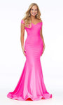 Off the Shoulder Fitted Open-Back Mermaid Natural Waistline Dress with a Brush/Sweep Train
