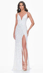 V-neck Natural Waistline Sleeveless Spaghetti Strap Floor Length Sheath Open-Back Beaded Fitted Slit Self Tie Lace-Up Sequined Sheath Dress/Evening Dress with a Brush/Sweep Train