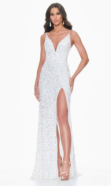V-neck Sheath Sleeveless Spaghetti Strap Slit Sequined Open-Back Lace-Up Fitted Beaded Self Tie Natural Waistline Floor Length Sheath Dress/Evening Dress with a Brush/Sweep Train