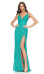 V-neck Floor Length Sleeveless Spaghetti Strap Natural Waistline Fitted Slit Beaded Sequined Open-Back Lace-Up Self Tie Sheath Sheath Dress/Evening Dress with a Brush/Sweep Train