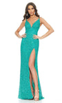 V-neck Sleeveless Spaghetti Strap Sequined Fitted Self Tie Slit Beaded Lace-Up Open-Back Floor Length Natural Waistline Sheath Sheath Dress/Evening Dress with a Brush/Sweep Train