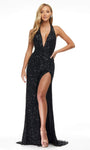 V-neck Halter Plunging Neck Floor Length Sleeveless Natural Waistline Sheath Beaded Open-Back Fitted Slit Sequined Sheath Dress with a Brush/Sweep Train