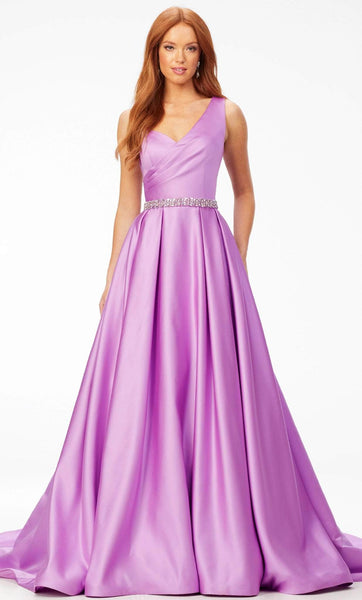 Sophisticated A-line V-neck Satin Natural Waistline Floor Length Jeweled Fitted Belted Faux Wrap Back Zipper Pleated One Shoulder Sleeveless Dress with a Brush/Sweep Train