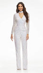 Floor Length Long Sleeves High-Neck Back Zipper Fitted Beaded Open-Back Sequined Natural Waistline Jumpsuit