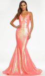 V-neck Back Zipper Illusion Sequined Open-Back Natural Waistline Mermaid Plunging Neck Tank Dress with a Brush/Sweep Train