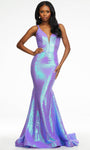 V-neck Plunging Neck Mermaid Back Zipper Open-Back Sequined Illusion Natural Waistline Tank Dress with a Brush/Sweep Train