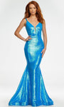 V-neck Sequined Back Zipper Illusion Open-Back Mermaid Plunging Neck Tank Natural Waistline Dress with a Brush/Sweep Train