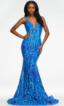 V-neck Sleeveless Mermaid Back Zipper Sequined Open-Back Corset Natural Waistline Dress with a Brush/Sweep Train