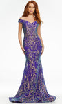 Off the Shoulder Mermaid Natural Waistline Open-Back Sequined Back Zipper Dress with a Brush/Sweep Train