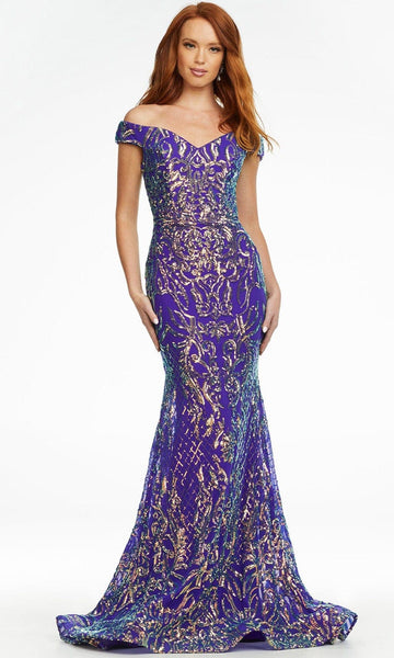 Natural Waistline Off the Shoulder Mermaid Sequined Open-Back Back Zipper Dress with a Brush/Sweep Train