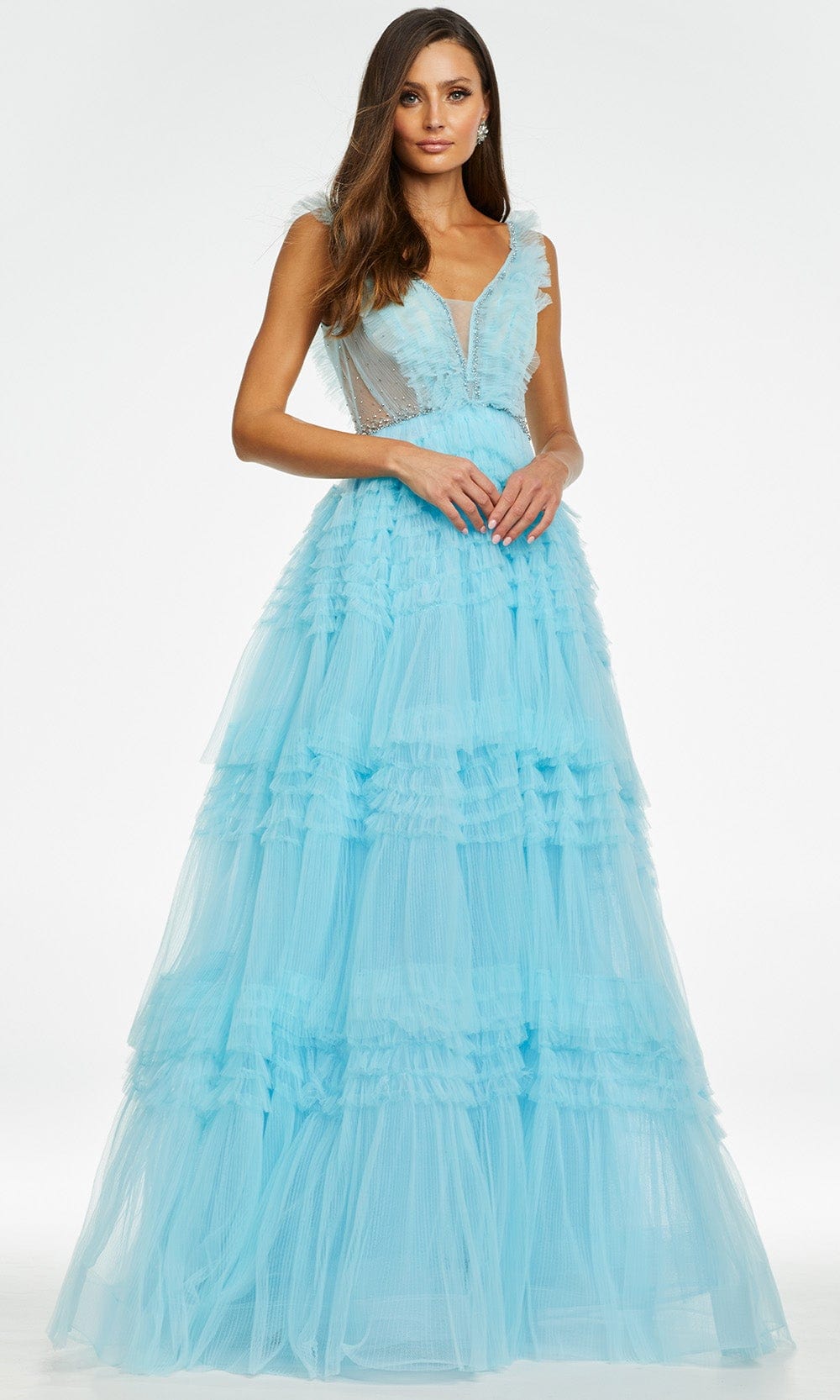 Ashley Lauren - 11142 Plunging V-Neck Tired Ruffle Gown